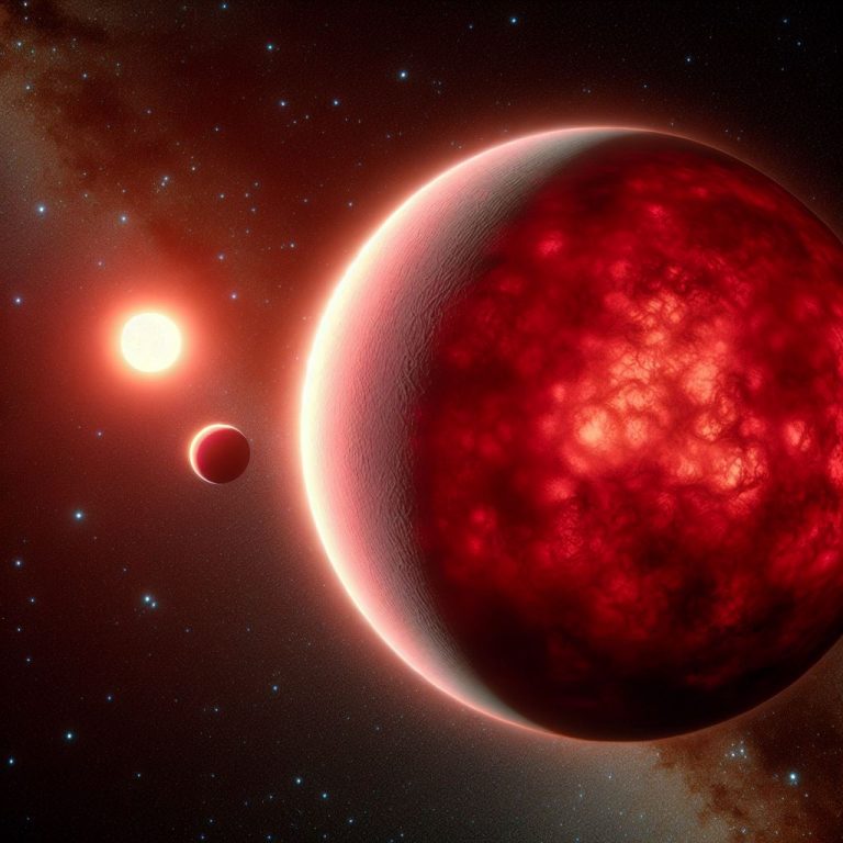 A realistic artistic rendering of the exoplanet TOI-6894b and its host star TOI-6894. The star is a