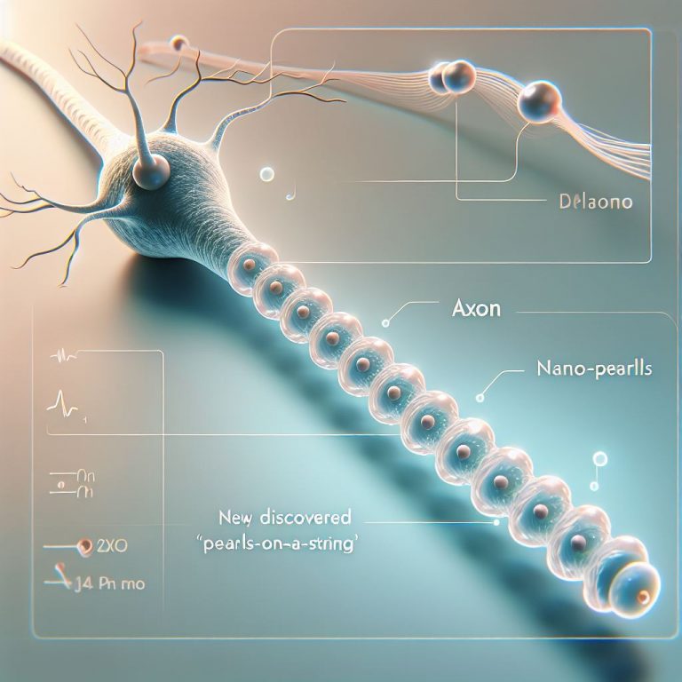 An educational illustration of a neuron axon with a newly discovered 'pearls-on-a-string' shape. The
