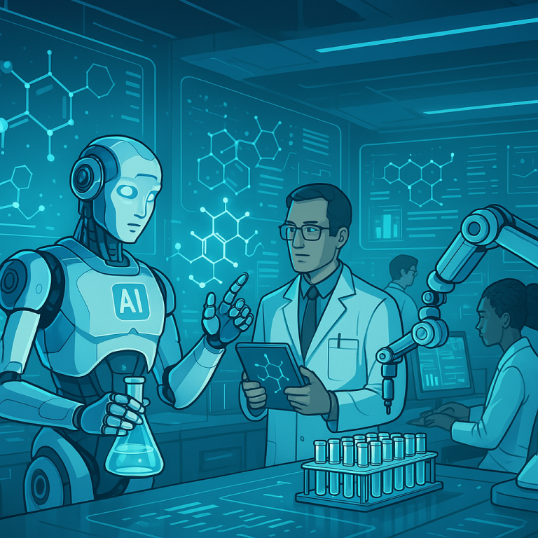 Create a detailed and futuristic illustration showing artificial intelligence (AI) assisting the pha